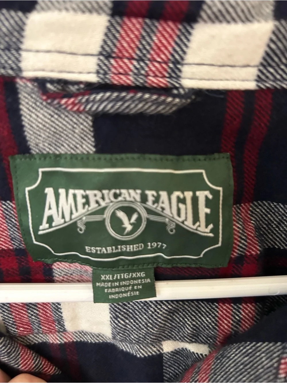 American Eagle Navy Red Cream Plaid Button-Up Shirt